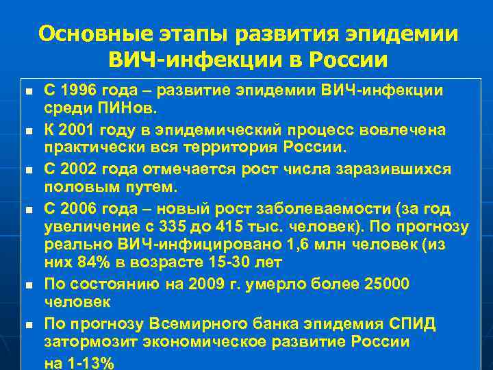 Основные этапы развития эпидемии ВИЧ-инфекции в России С 1996 года – развитие эпидемии ВИЧ-инфекции