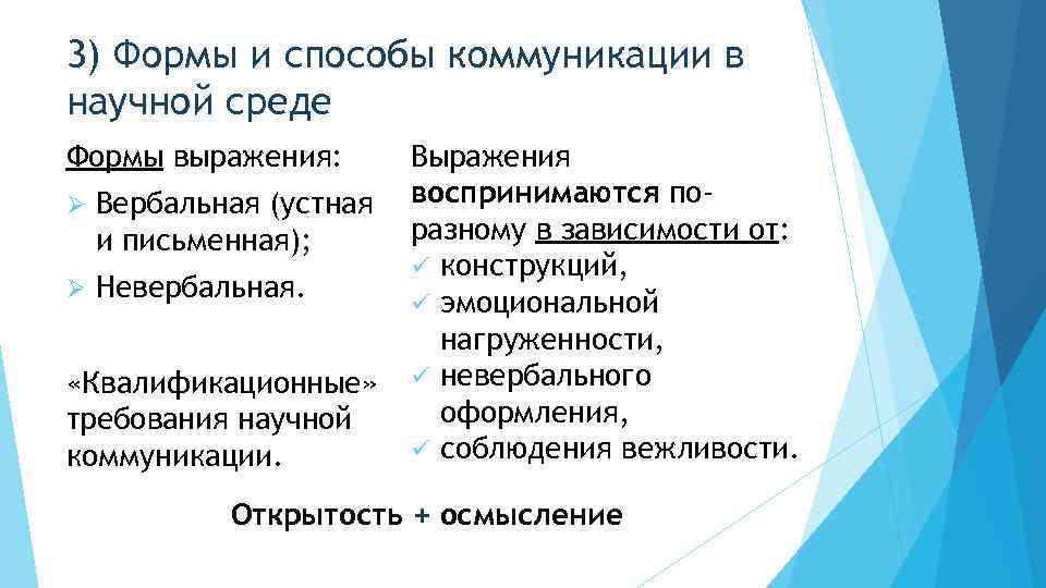 3) Формы и способы коммуникации в научной среде Формы выражения: Ø Вербальная (устная и