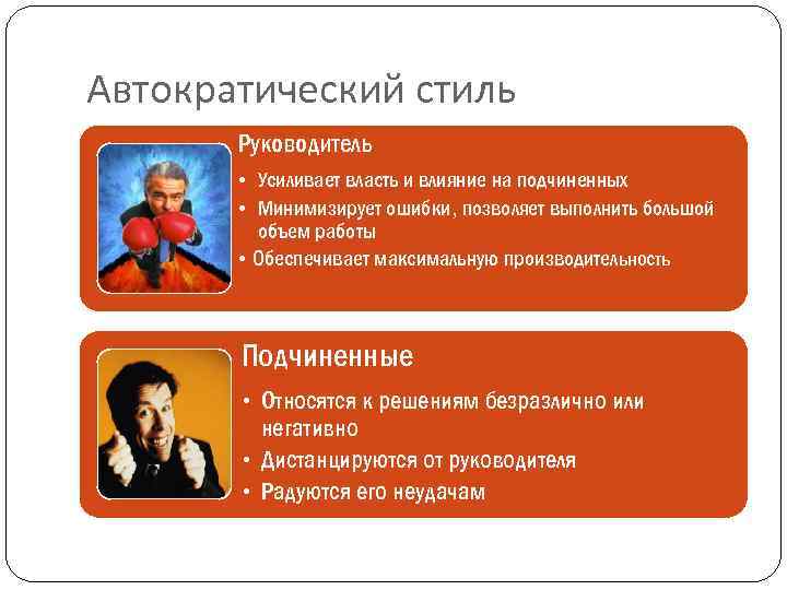 Автократический стиль Руководитель • Усиливает власть и влияние на подчиненных • Минимизирует ошибки, позволяет