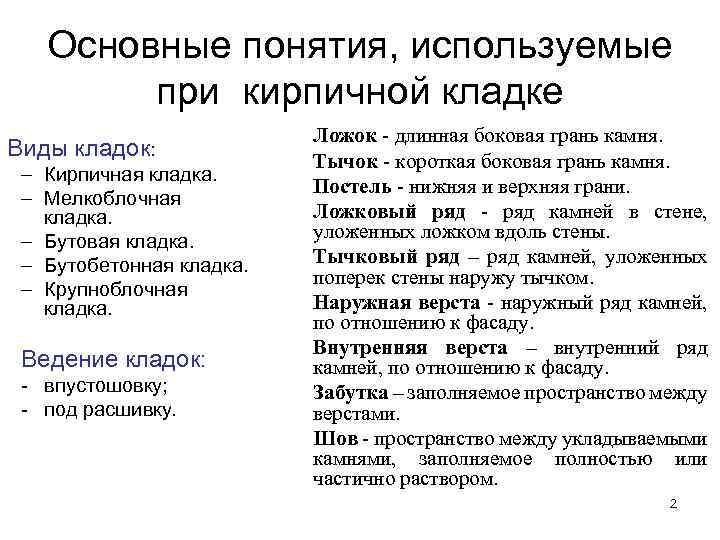 Основные понятия, используемые при кирпичной кладке Виды кладок: – Кирпичная кладка. – Мелкоблочная кладка.