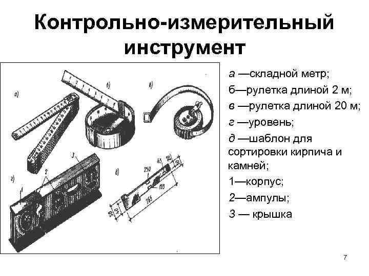 Контрольно-измерительный инструмент а —складной метр; б—рулетка длиной 2 м; в —рулетка длиной 20 м;