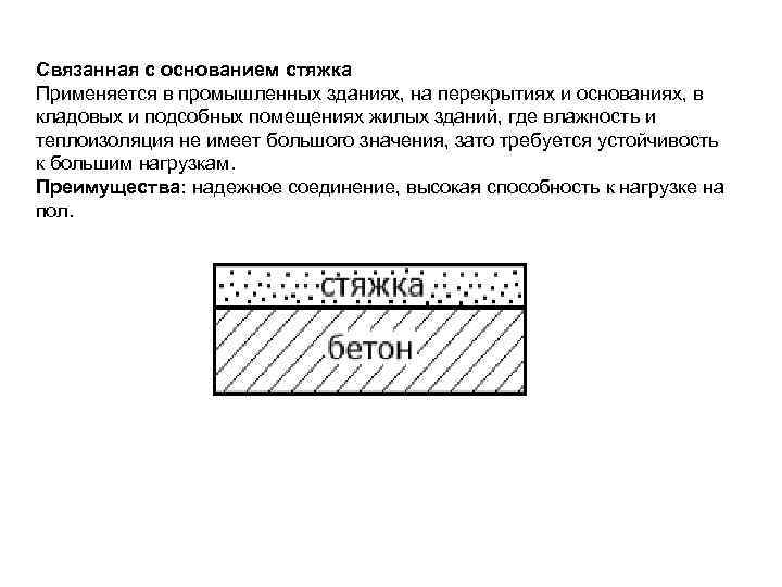 Связанная с основанием стяжка Применяется в промышленных зданиях, на перекрытиях и основаниях, в кладовых