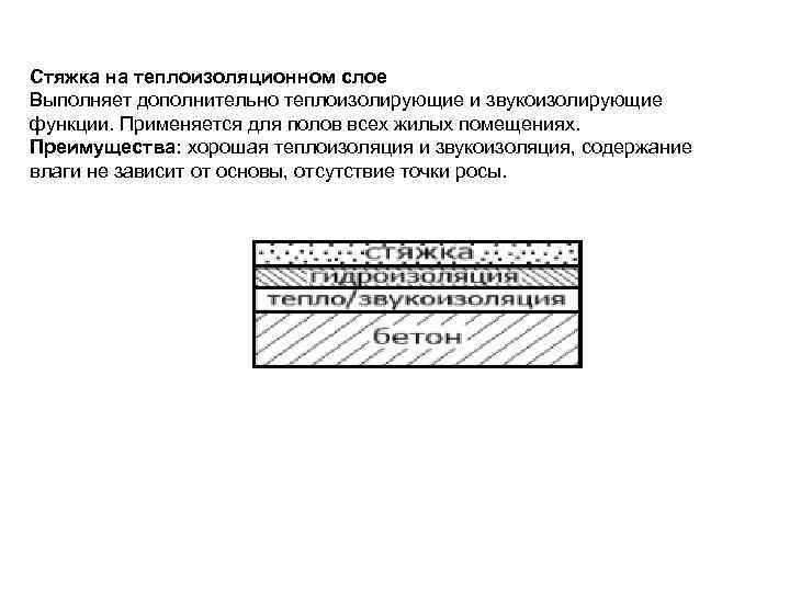 Стяжка на теплоизоляционном слое Выполняет дополнительно теплоизолирующие и звукоизолирующие функции. Применяется для полов всех