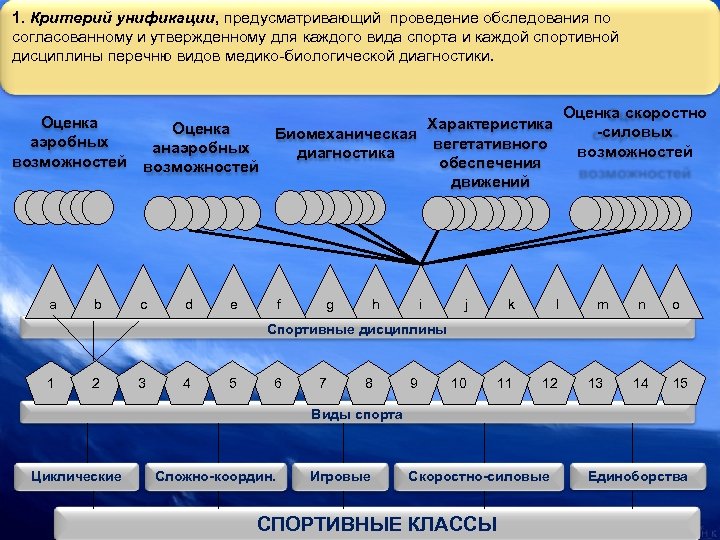 1. Критерий унификации, предусматривающий проведение обследования по согласованному и утвержденному для каждого вида спорта