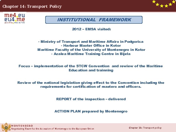 Chapter 14: Transport Policy INSTITUTIONAL FRAMEWORK 2012 – EMSA visited: - Ministry of Transport