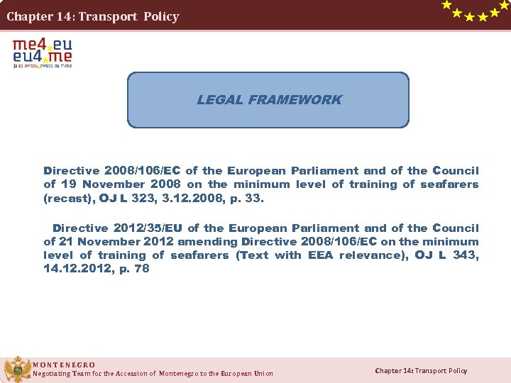 Chapter 14: Transport Policy LEGAL FRAMEWORK Directive 2008/106/EC of the European Parliament and of