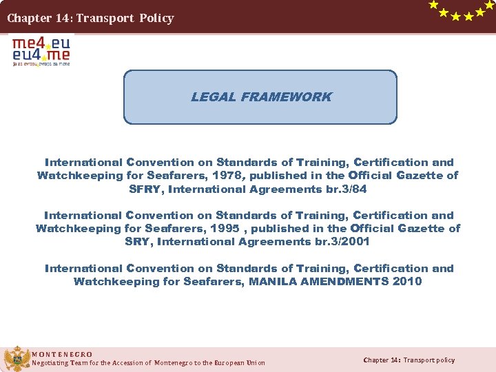 Chapter 14: Transport Policy • LEGAL FRAMEWORK International Convention on Standards of Training, Certification