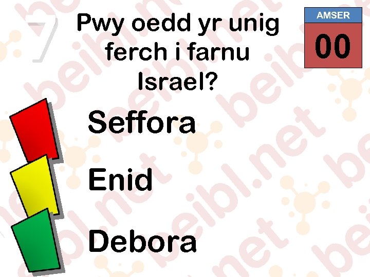 7 Pwy oedd yr unig ferch i farnu Israel? Seffora Enid Debora AMSER 00