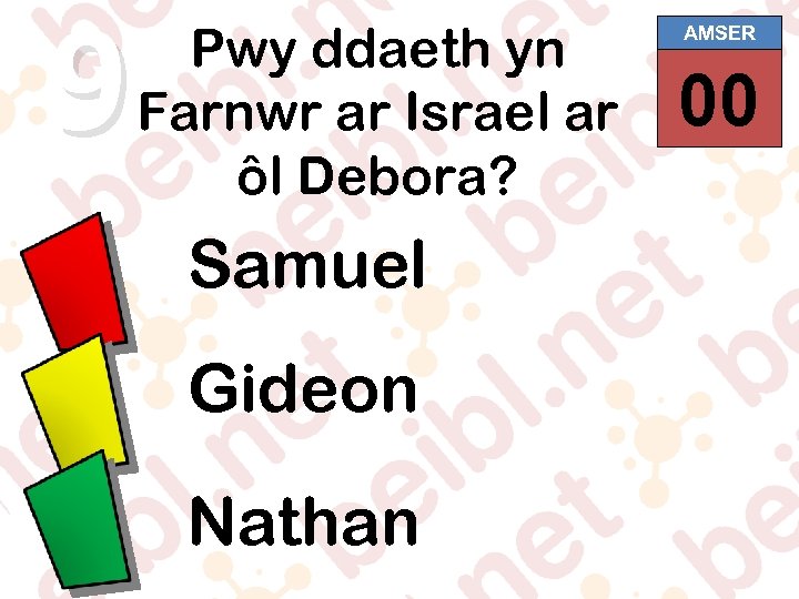 9 Pwy ddaeth yn Farnwr ar Israel ar ôl Debora? Samuel Gideon Nathan AMSER