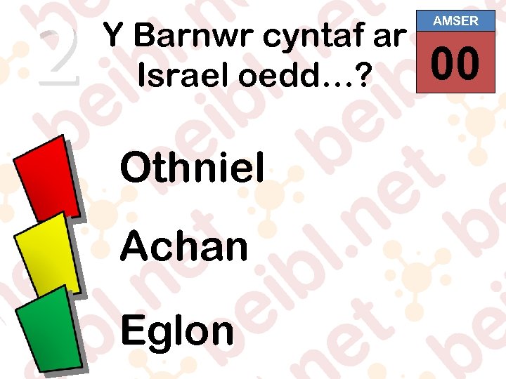 2 Y Barnwr cyntaf ar Israel oedd…? Othniel Achan Eglon AMSER 00 01 02