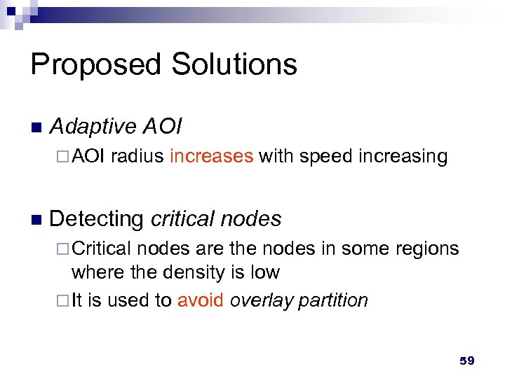Proposed Solutions n Adaptive AOI ¨ AOI n radius increases with speed increasing Detecting