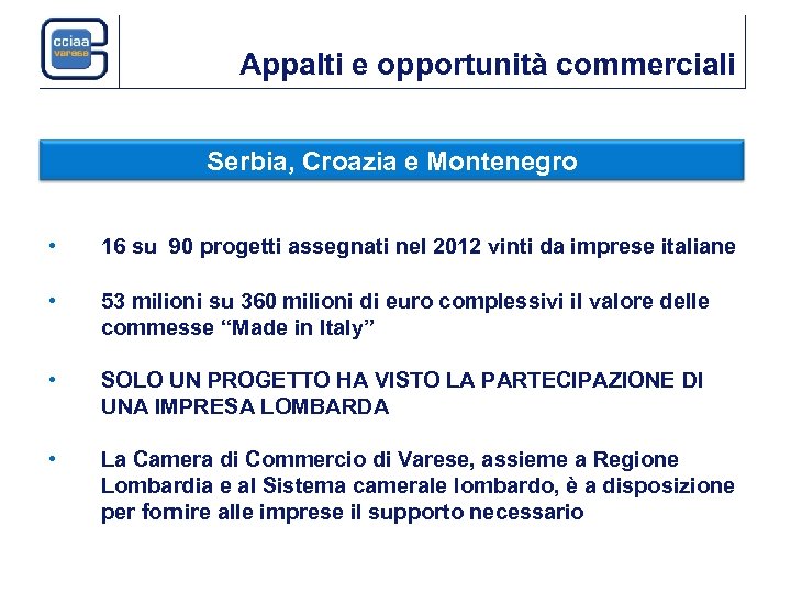 Appalti e opportunità commerciali Serbia, Croazia e Montenegro • 16 su 90 progetti assegnati