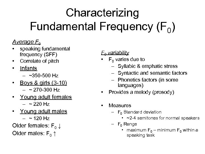 Characterizing Fundamental Frequency (F 0) Average F 0 • • speaking fundamental frequency (SFF)