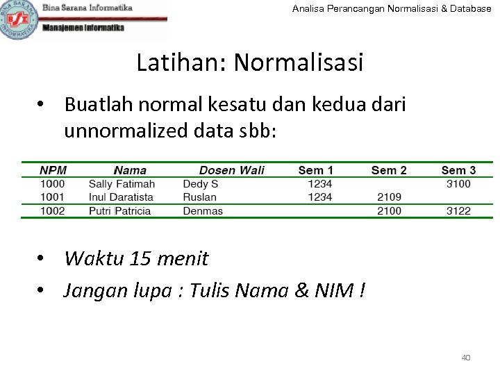Analisa Perancangan Normalisasi & Database Latihan: Normalisasi • Buatlah normal kesatu dan kedua dari