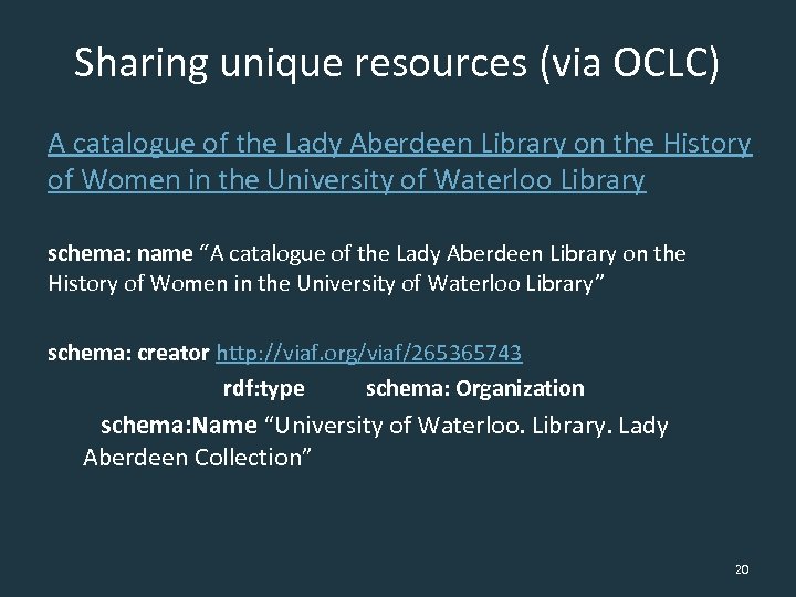 Sharing unique resources (via OCLC) A catalogue of the Lady Aberdeen Library on the