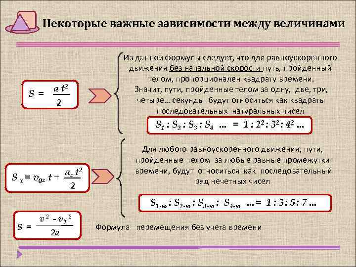 Некоторые важные зависимости между величинами a t 2 S = 2 Из данной формулы