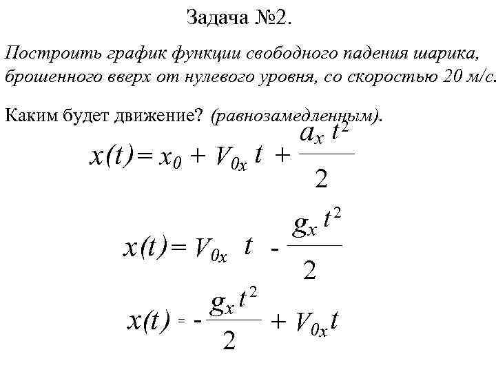 Задача № 2. Построить график функции свободного падения шарика, брошенного вверх от нулевого уровня,