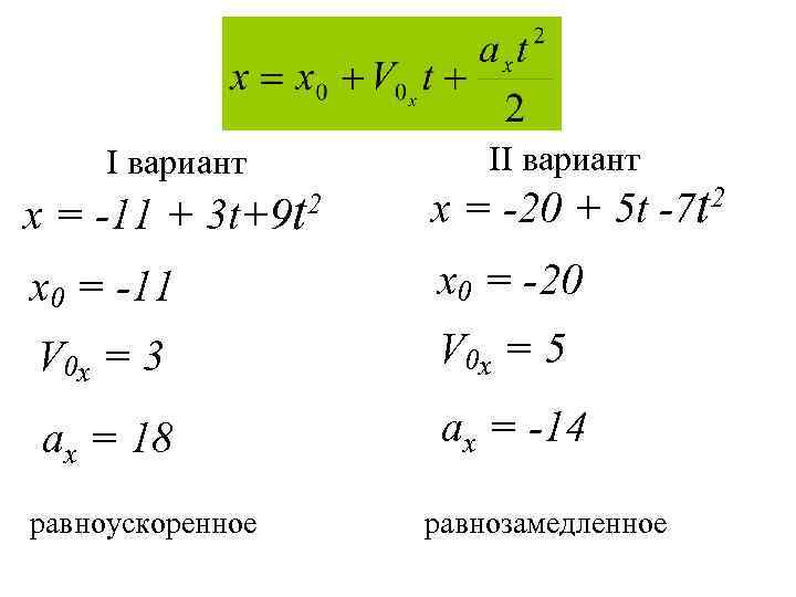 II вариант x = -11 + 3 t+9 t 2 x = -20 +