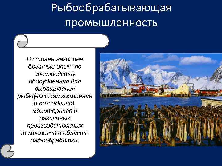 Рыбообрабатывающая промышленность В стране накоплен богатый опыт по производству оборудования для выращивания рыбы(включая кормление