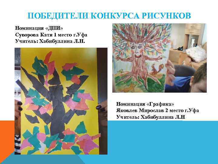 ПОБЕДИТЕЛИ КОНКУРСА РИСУНКОВ Номинация «ДПИ» Суворова Катя 1 место г. Уфа Учитель: Хабибуллина Л.