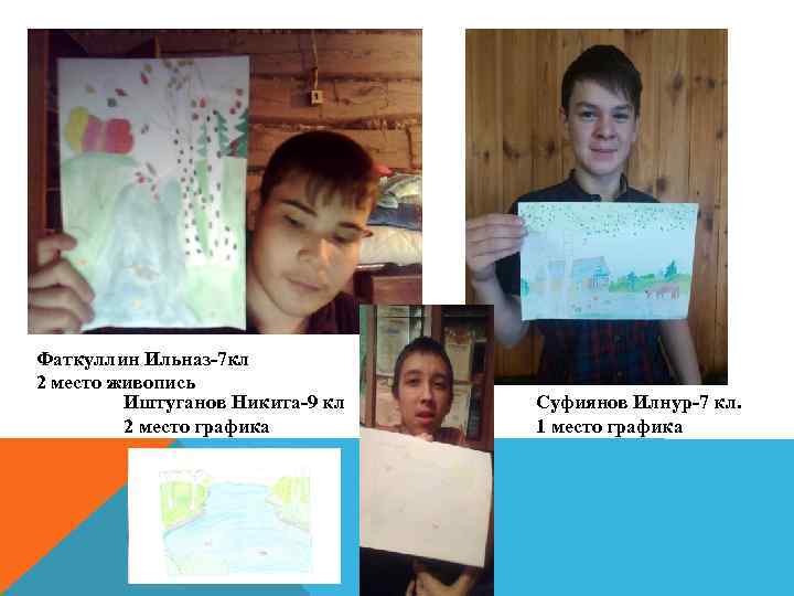 Фаткуллин Ильназ-7 кл 2 место живопись Иштуганов Никита-9 кл 2 место графика Суфиянов Илнур-7