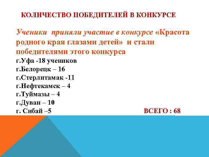 КОЛИЧЕСТВО ПОБЕДИТЕЛЕЙ В КОНКУРСЕ Ученики приняли участие в конкурсе «Красота родного края глазами детей»