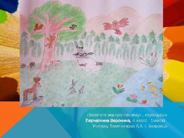  «Берегите родную природу» , карандаши Перчаткина Вероника, 4 класс 1 место Учитель: Телятникова