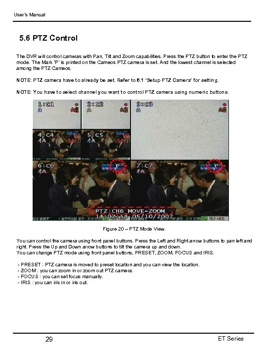 User’s Manual 5. 6 PTZ Control The DVR will control cameras with Pan, Tilt