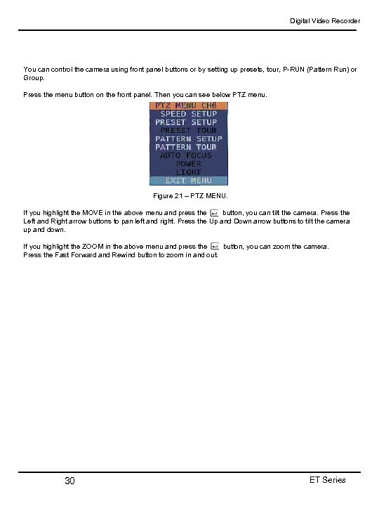 Digital Video Recorder You can control the camera using front panel buttons or by