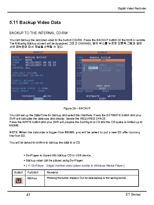 Digital Video Recorder 5. 11 Backup Video Data BACKUP TO THE INTERNAL CD-RW You