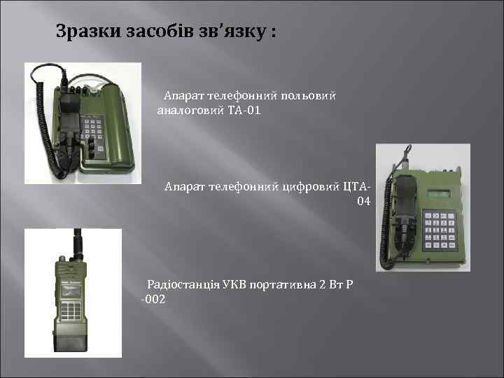 Зразки засобів зв’язку : Апарат телефонний польовий аналоговий ТА-01 Апарат телефонний цифровий ЦТА 04