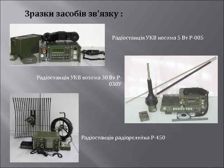 Зразки засобів зв’язку : Радіостанція УКВ носима 5 Вт P-005 Радіостанція УКВ возима 30