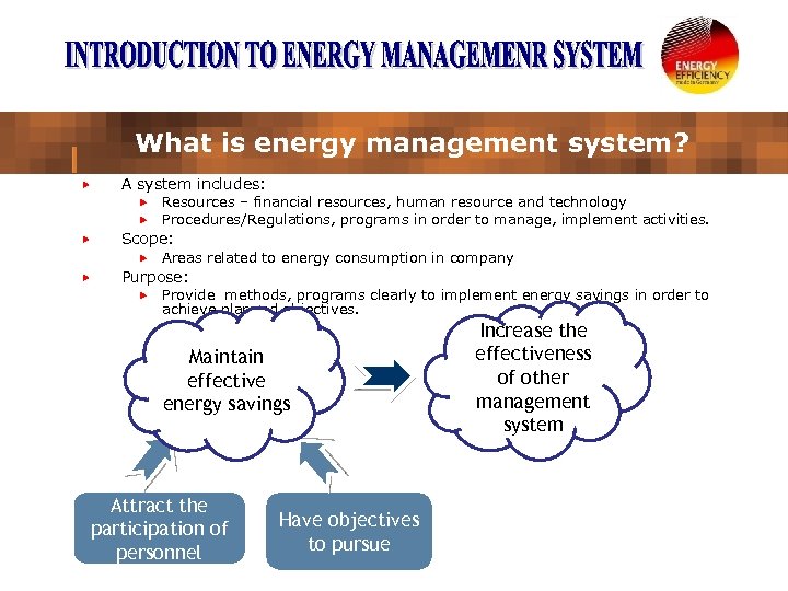 What is energy management system? A system includes: Scope: Resources – financial resources, human