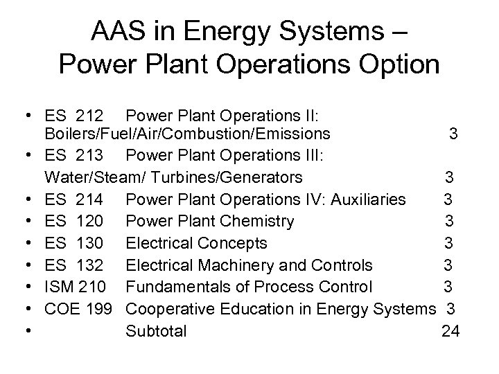 AAS in Energy Systems – Power Plant Operations Option • ES 212 Power Plant