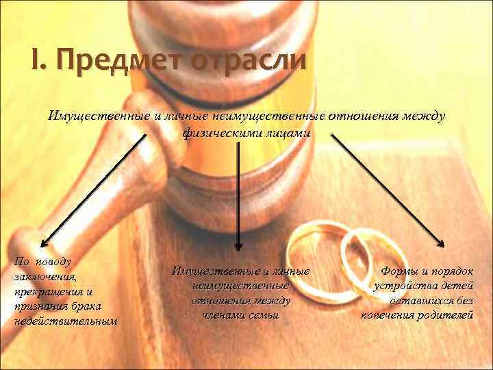 I. Предмет отрасли Имущественные и личные неимущественные отношения между физическими лицами По поводу заключения,