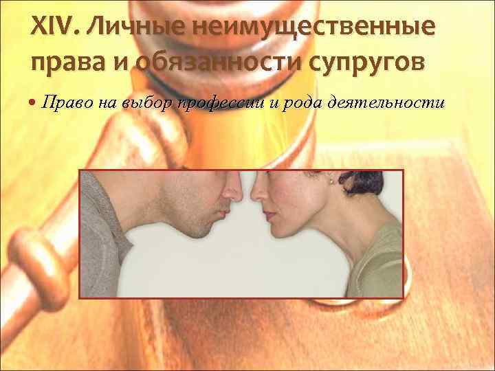 XIV. Личные неимущественные права и обязанности супругов Право на выбор профессии и рода деятельности