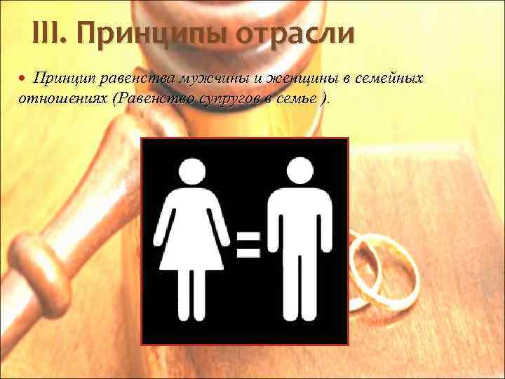 III. Принципы отрасли Принцип равенства мужчины и женщины в семейных отношениях (Равенство супругов в