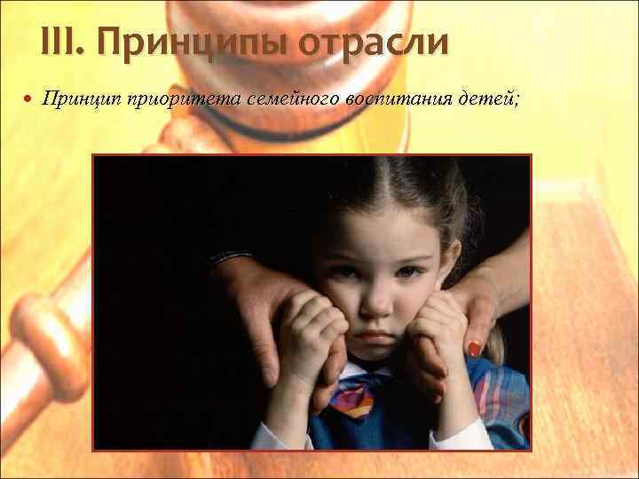 III. Принципы отрасли Принцип приоритета семейного воспитания детей; 