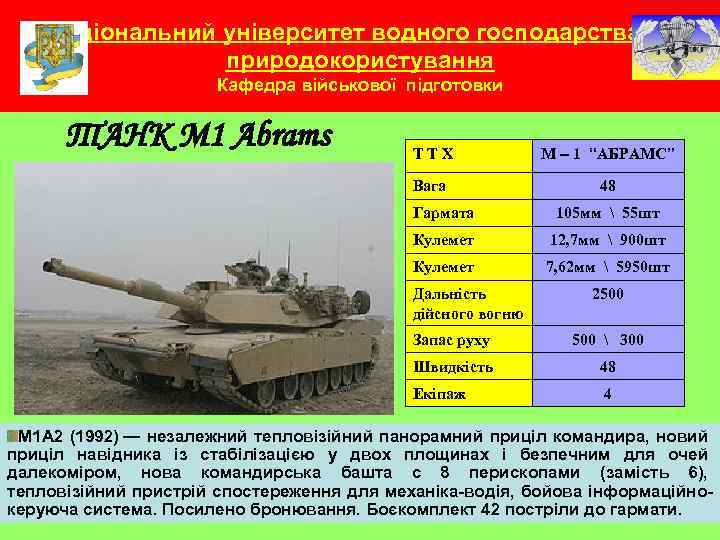 Національний університет водного господарства та природокористування Кафедра військової підготовки ТАНК M 1 Abrams ТТХ