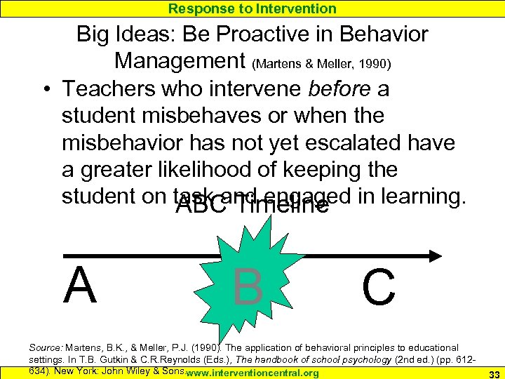 Response to Intervention Big Ideas: Be Proactive in Behavior Management (Martens & Meller, 1990)