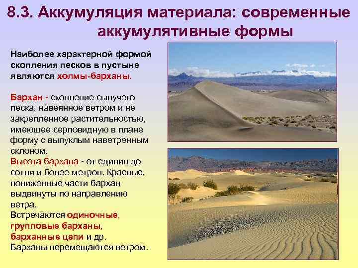 8. 3. Аккумуляция материала: современные аккумулятивные формы Наиболее характерной формой скопления песков в пустыне