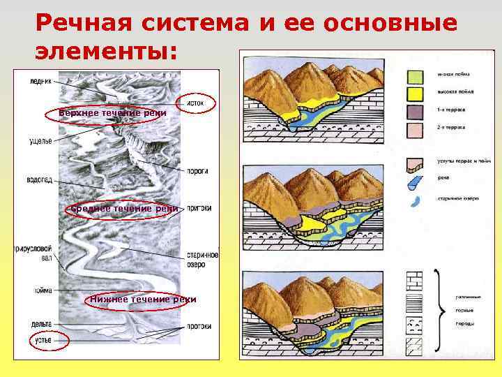 Речная система и ее основные элементы: Верхнее течение реки Среднее течение реки Нижнее течение