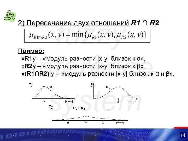 2) Пересечение двух отношений R 1 ∩ R 2 Пример: x. R 1 y
