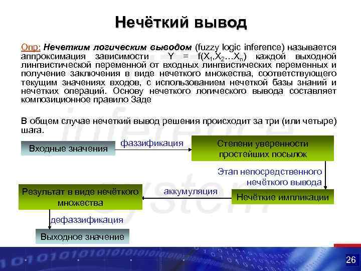 Нечёткий вывод Опр: Нечетким логическим выводом (fuzzy logic inference) называется аппроксимация зависимости Y =