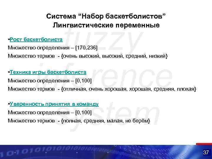 Система “Набор баскетболистов” Лингвистические переменные • Рост баскетболиста Множество определения – [170, 236] Множество