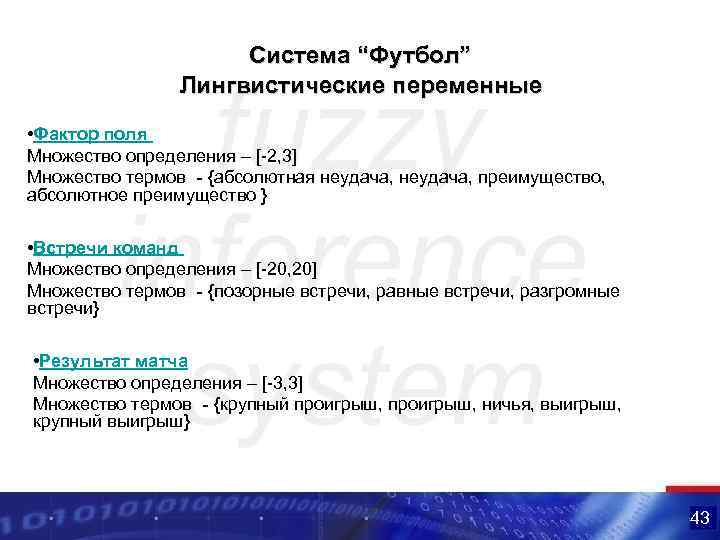 Система “Футбол” Лингвистические переменные • Фактор поля Множество определения – [-2, 3] Множество термов