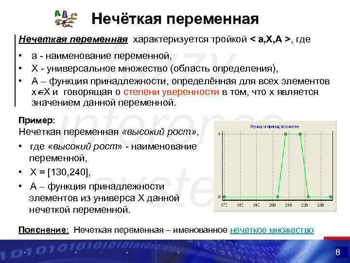 Нечёткая переменная Нечеткая переменная характеризуется тройкой < a, X, A >, где • a