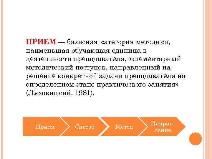 ПРИЕМ — базисная категория методики, наименьшая обучающая единица в деятельности преподавателя, «элементарный методический поступок,