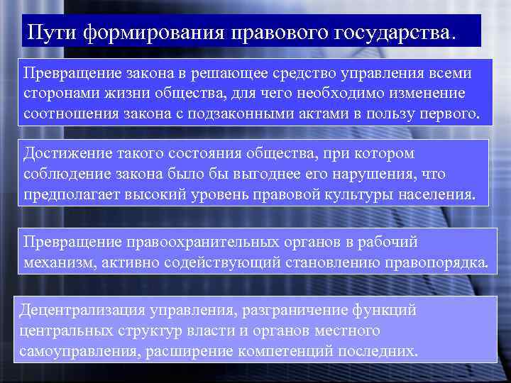 Пути формирования правового государства. Превращение закона в решающее средство управления всеми сторонами жизни общества,