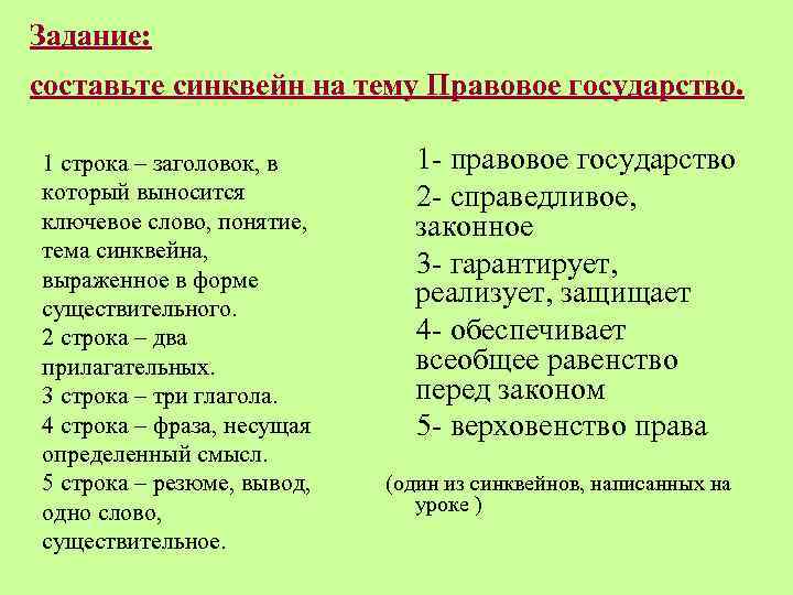 Задание: составьте синквейн на тему Правовое государство. 1 строка – заголовок, в который выносится